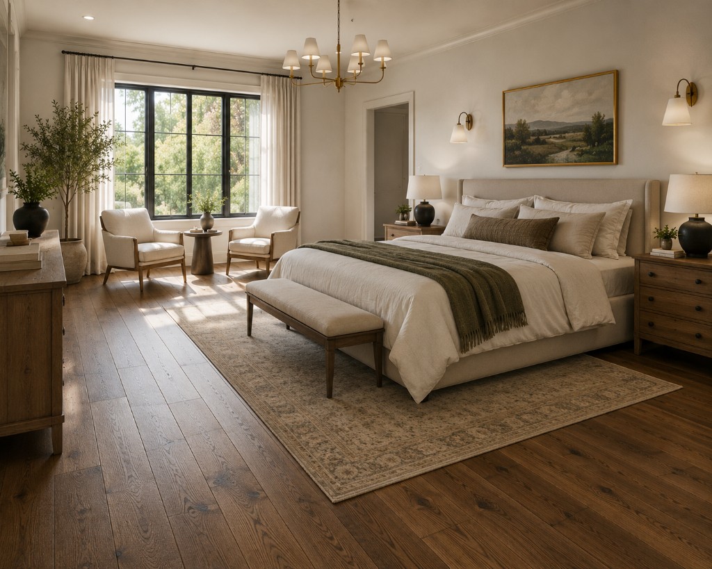 Hardwood surfaces in a finished room